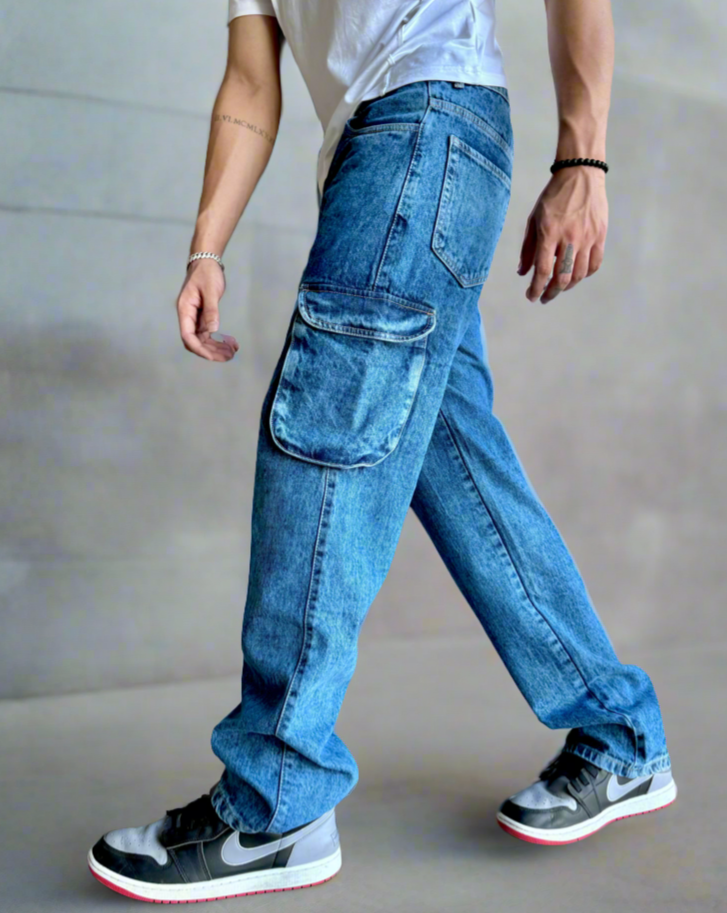 Blue Acid Wash Flap Pocket Side Cargo Jeans - Image 2