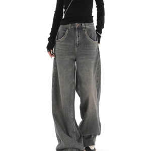 Grey Vintage Washed Wide Leg Baggy Jeans