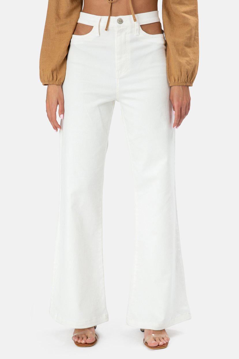 White Waist Cut Out Flare Jeans - Image 2