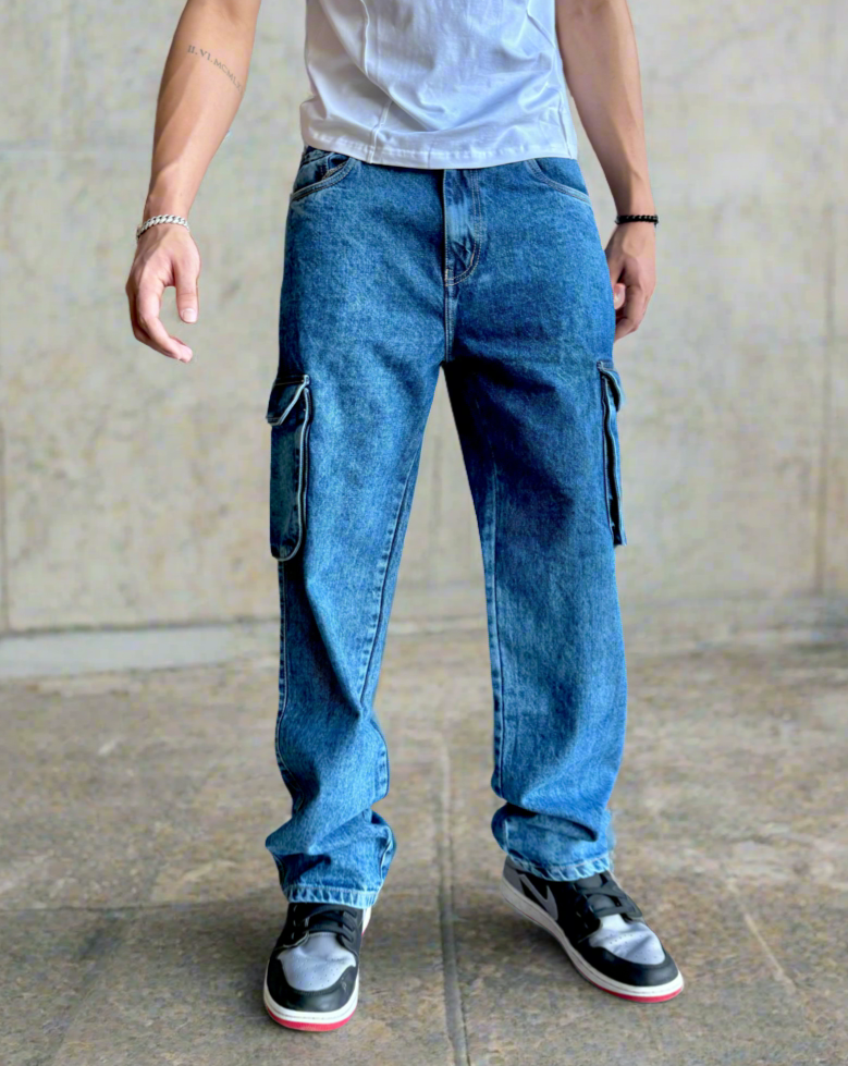 Blue Acid Wash Flap Pocket Side Cargo Jeans - Image 4