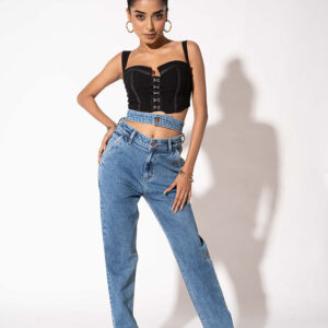 Blue Double Belt Straight High Waist Jeans