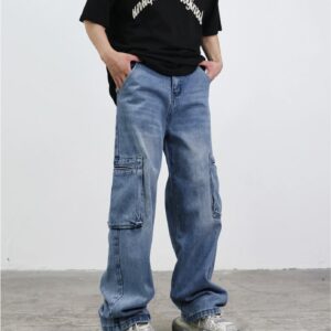 Blue Out Dated Wash Cargo Pocket Baggy Jeans