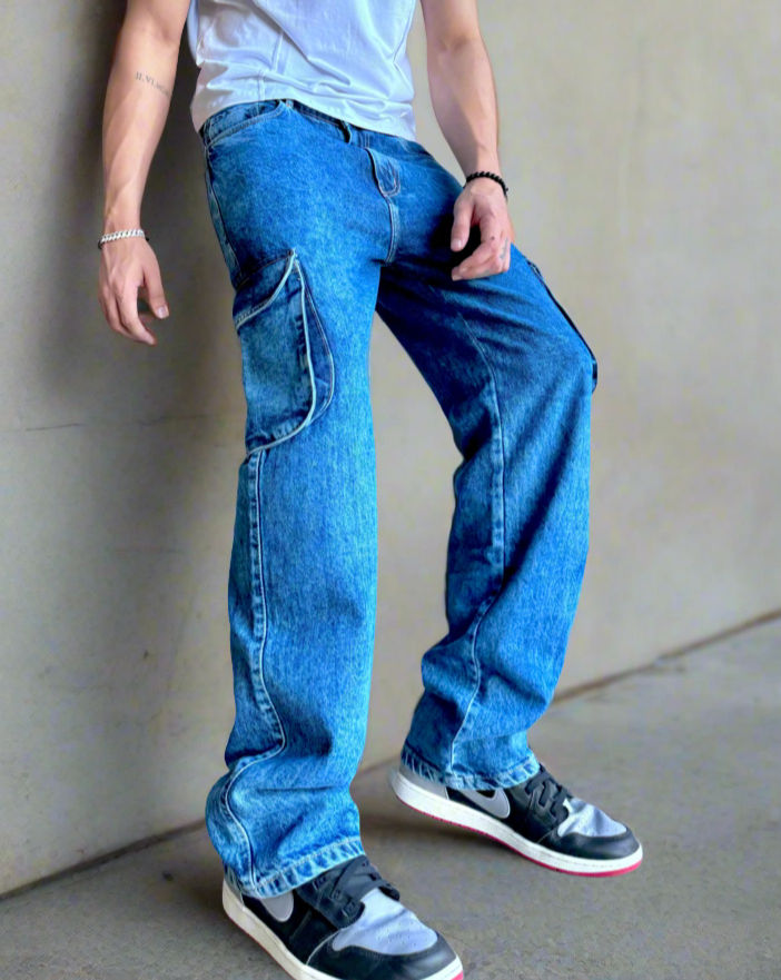Blue Acid Wash Flap Pocket Side Cargo Jeans - Image 3