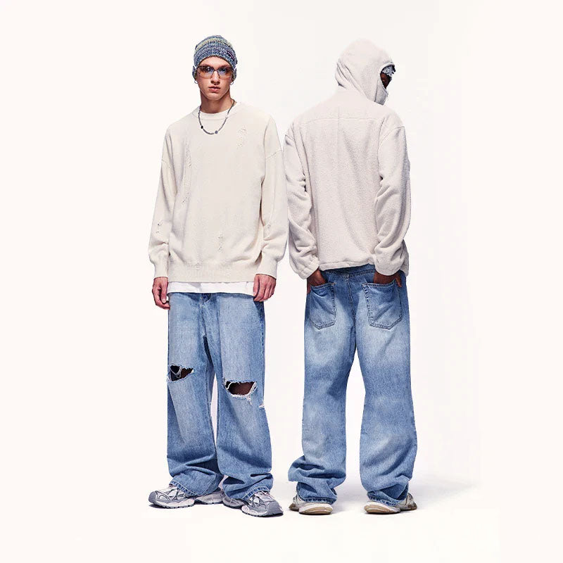 Blue Ripped Wide Leg Jeans