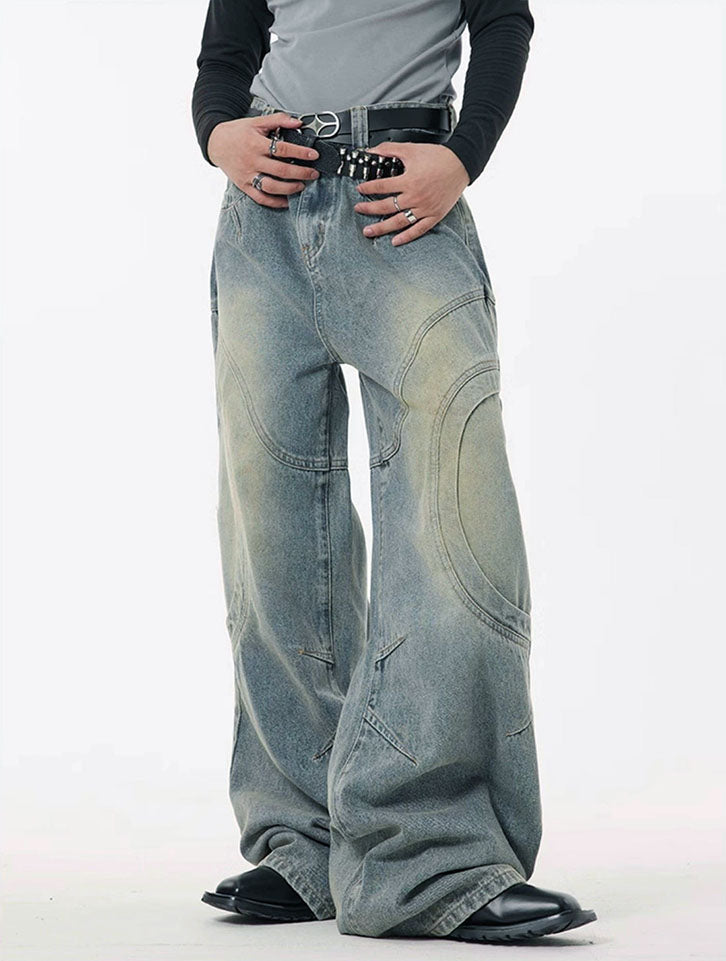 Washed Curved Stitches Wide Leg Jeans - Image 3