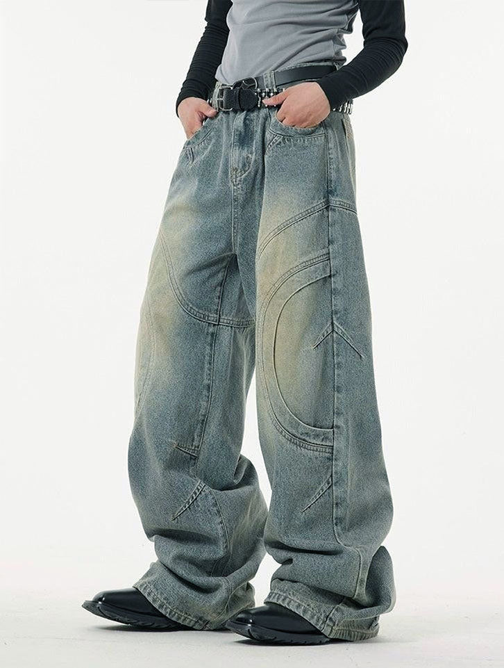 Washed Curved Stitches Wide Leg Jeans - Image 4