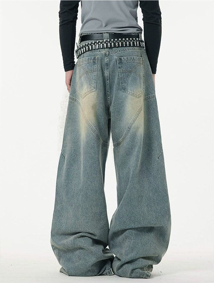 Washed Curved Stitches Wide Leg Jeans - Image 5