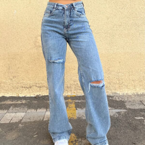 Blue Basic Ripped Straight Leg High Rise Jeans