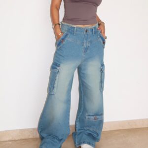 Lunar Grey Raw Waist Baggy Wide Leg Cargo Jeans