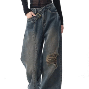 Off Beat Distressed Blue Baggy Jeans