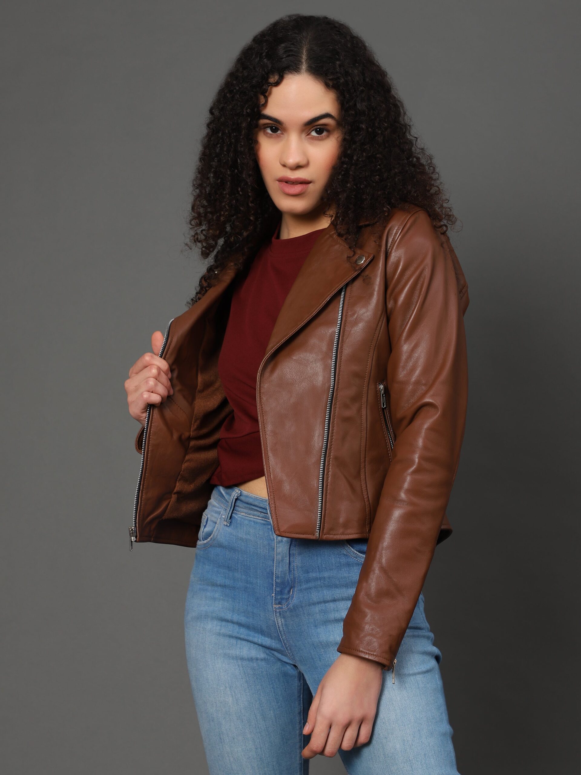 Women’s Brown Genuine Sheepskin Leather Jacket with Princess Seams - Image 8