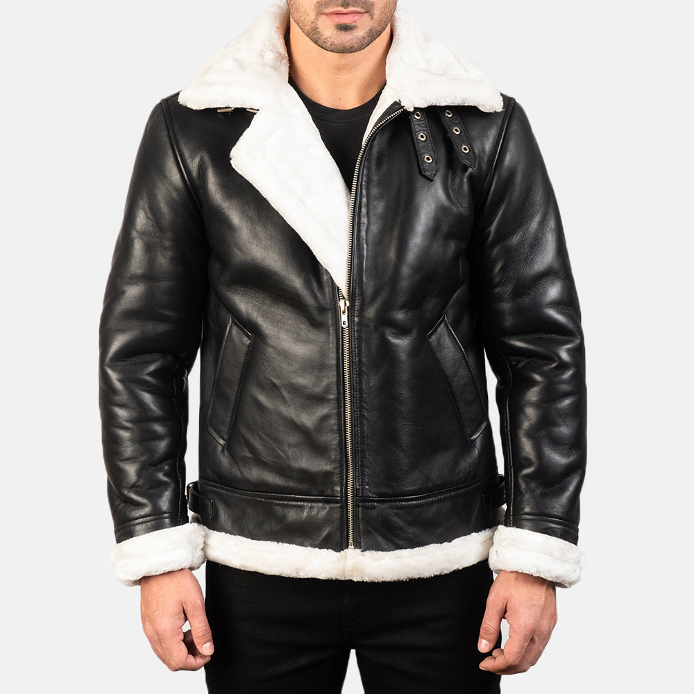 The Black Bomber Leather Jacket With Shearling Fur - Image 3