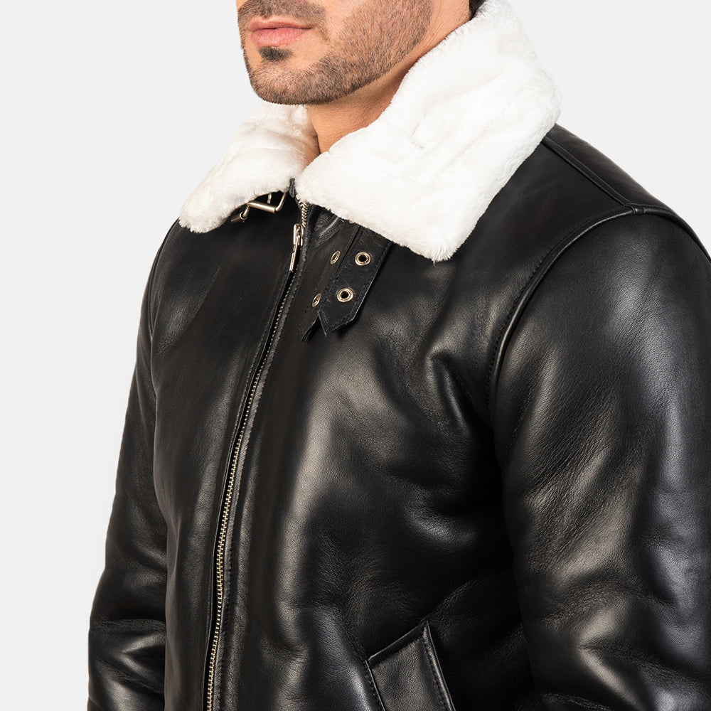 The Black Bomber Leather Jacket With Shearling Fur - Image 5