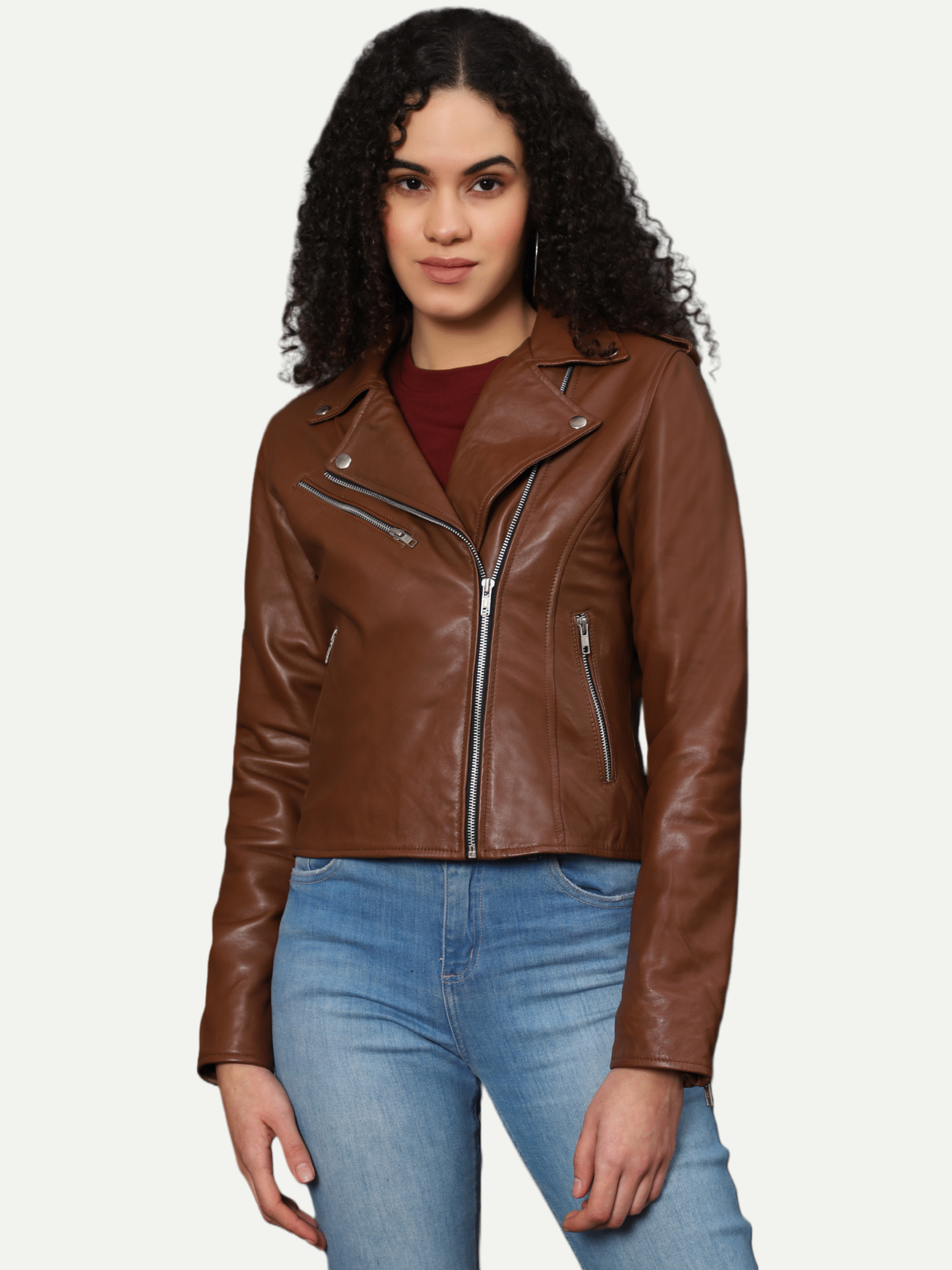 Women’s Brown Genuine Sheepskin Leather Jacket with Princess Seams