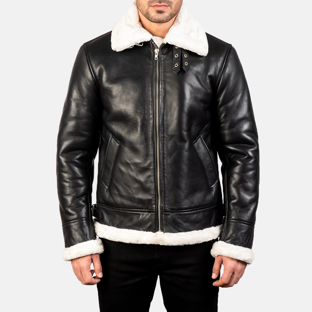 The Black Bomber Leather Jacket With Shearling Fur - Image 4
