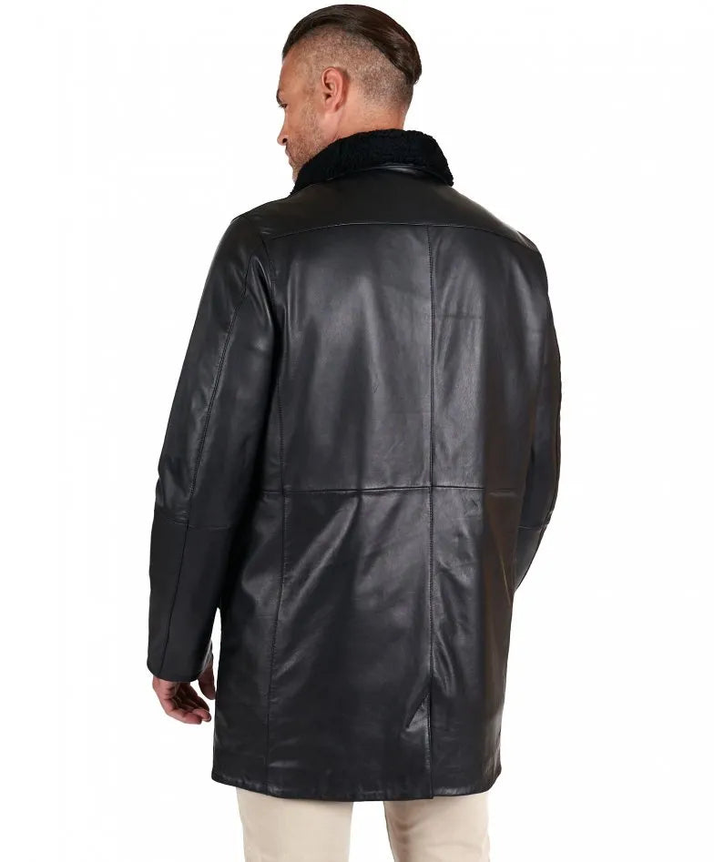 Black Sheepskin Leather Coat Detachable fur - Image 3