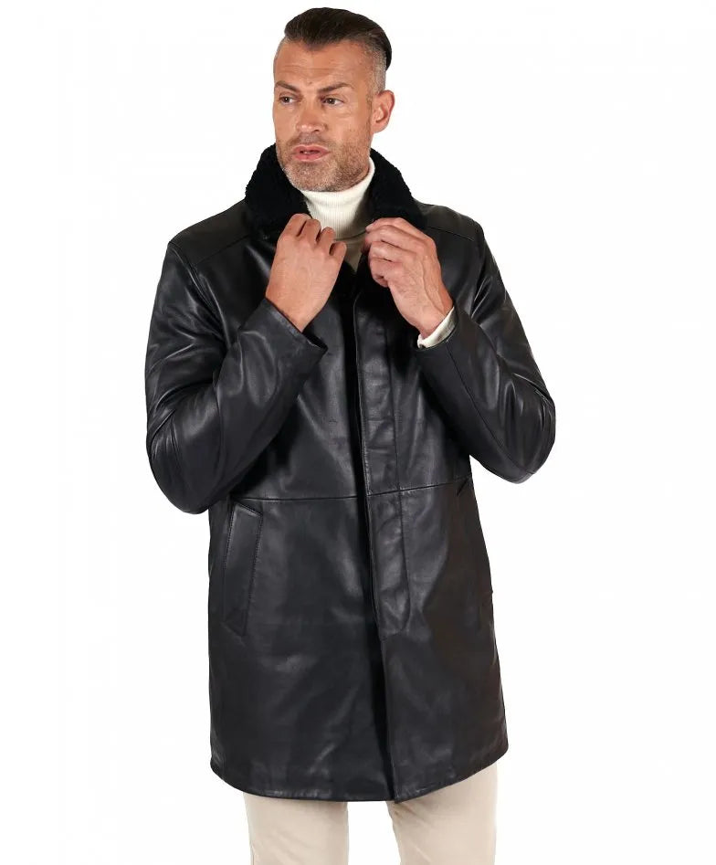 Black Sheepskin Leather Coat Detachable fur - Image 2