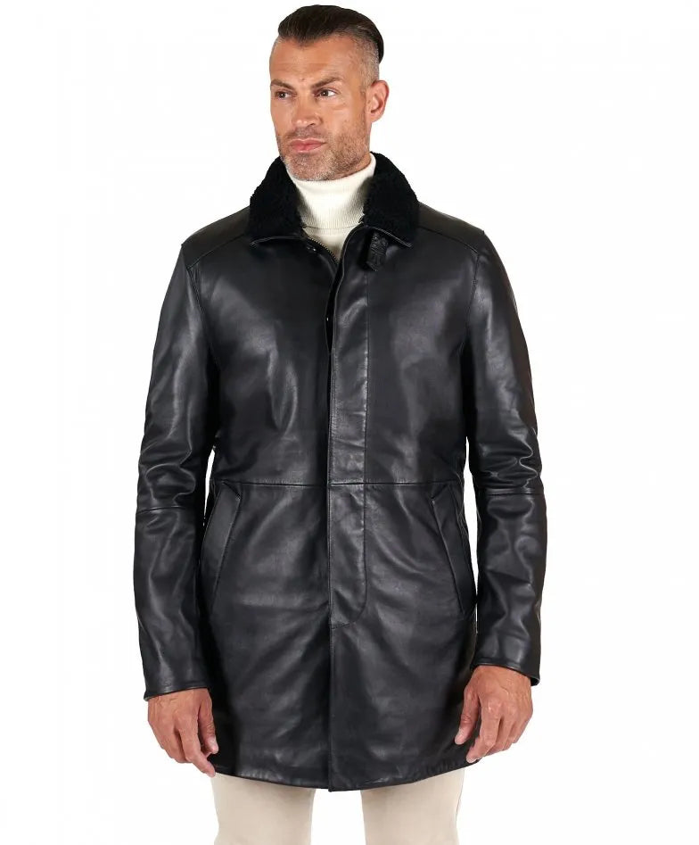 Black Sheepskin Leather Coat Detachable fur - Image 4