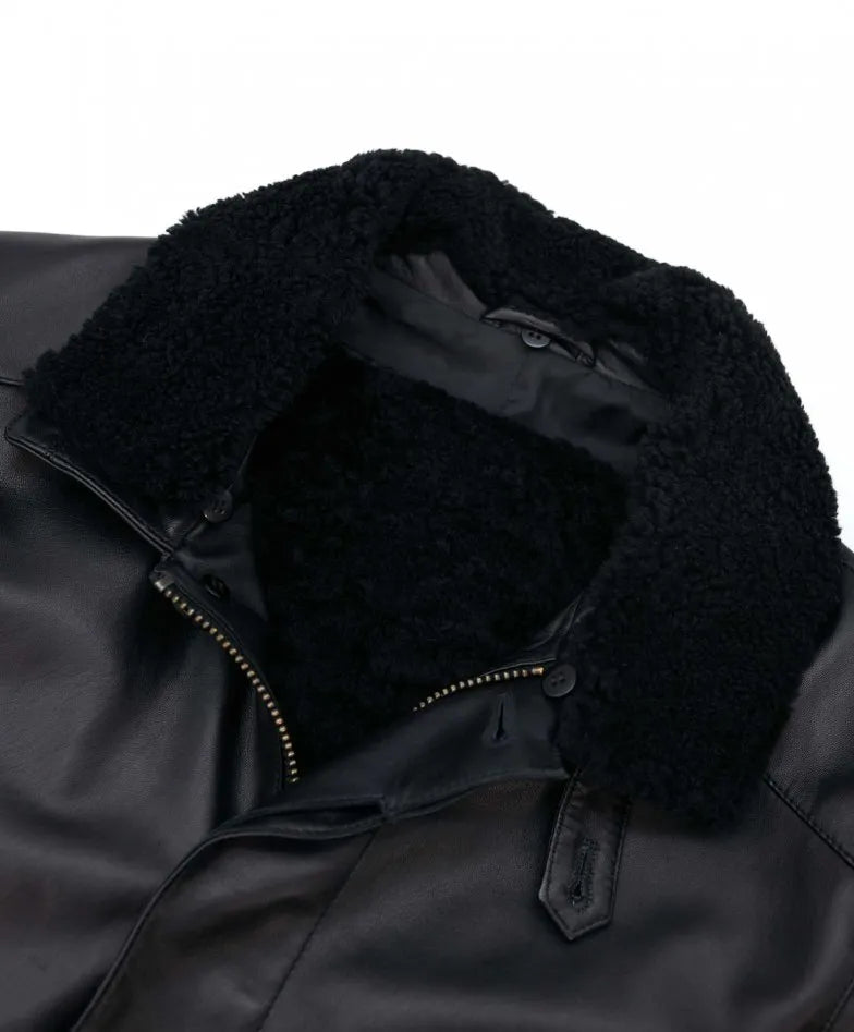 Black Sheepskin Leather Coat Detachable fur - Image 5